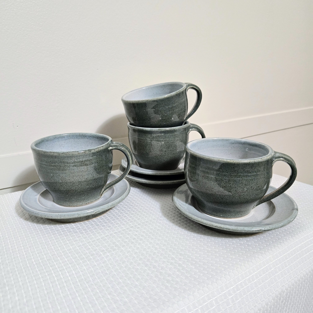 Art Pottery Coffee Cup Saucer Set Of 4 Hand Thrown Green Fade Signed